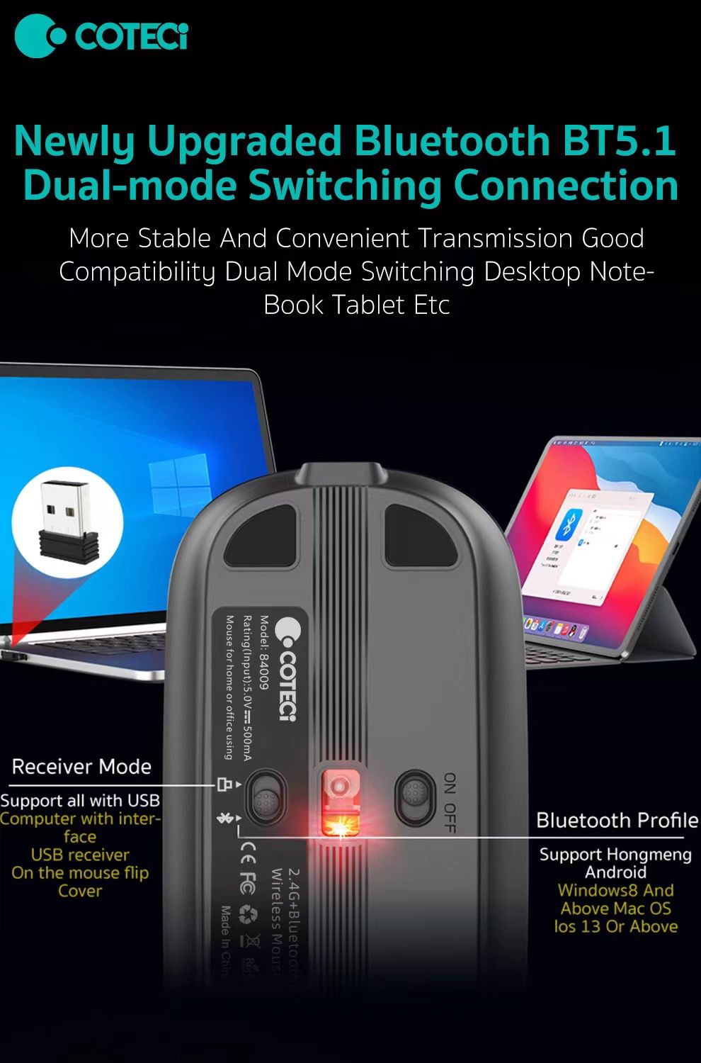 Mouse 2.4G Wireless BT5.1 Slim Rechargeable Slience Mouse for PC Computer Notebook with USB Receiver 2400 DPI Adjustable Level