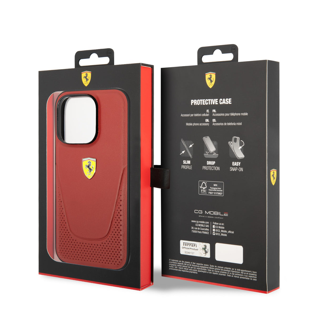 Ferrari Magsafe Leather Stitched Red Line Hard Case with Yellow Metal Logo Compatible for iPhone 14 Pro, 14 Pro Max (Black/Red)