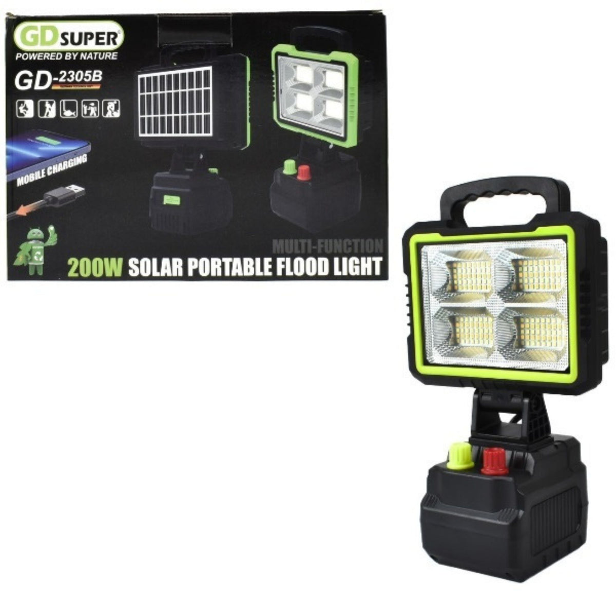 GDSUPER GD-2305B 200W Solar Portable Flood Light | 180 LED | Rechargeable Outdoor Emergency Light with USB Charging