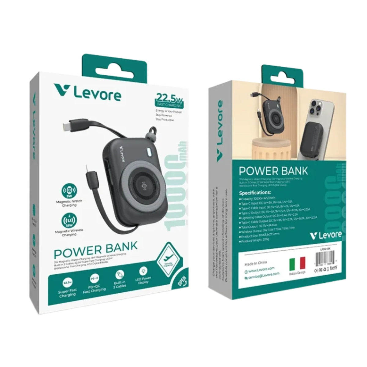 Levore 3-in-1 Magnetic Wireless Power Bank 10000mAh | Built-in Dual Cables & Dedicated iWatch Charger (22.5W)