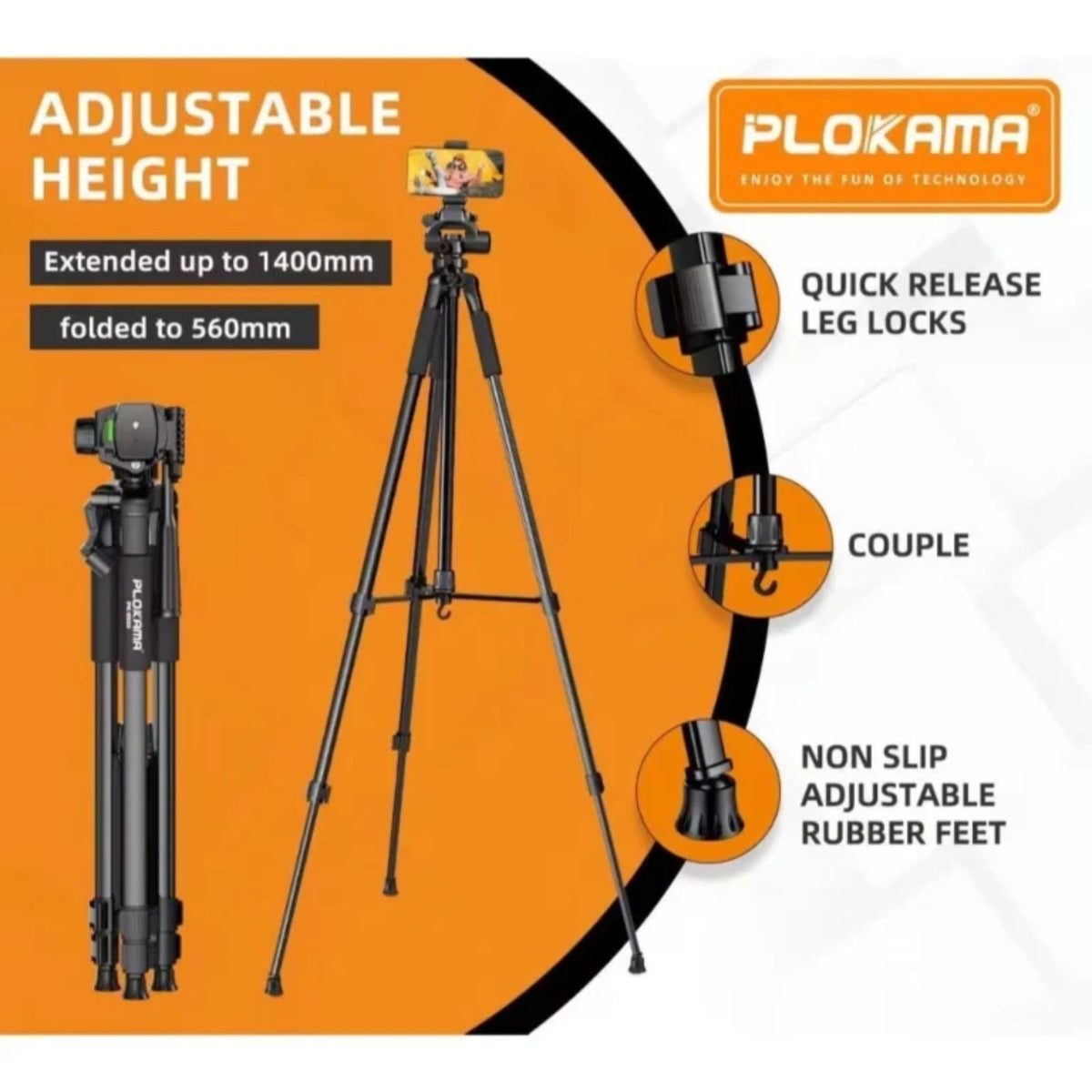 Plokama PK-9950 Camera & Mobile Tripod 150cm with Remote Control | 360° Adjustable Professional Stand