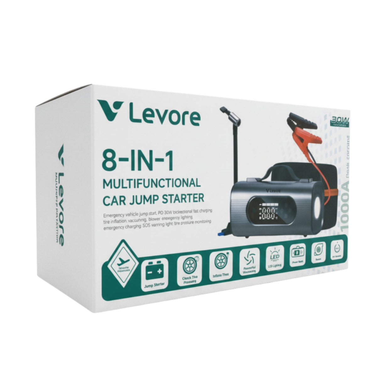 LEVORE 8-in-1 Multifunctional Car Jump Starter with Air Compressor, Vacuum Cleaner, Power Bank & Emergency LED Light – Portable Smart Car Rescue Kit