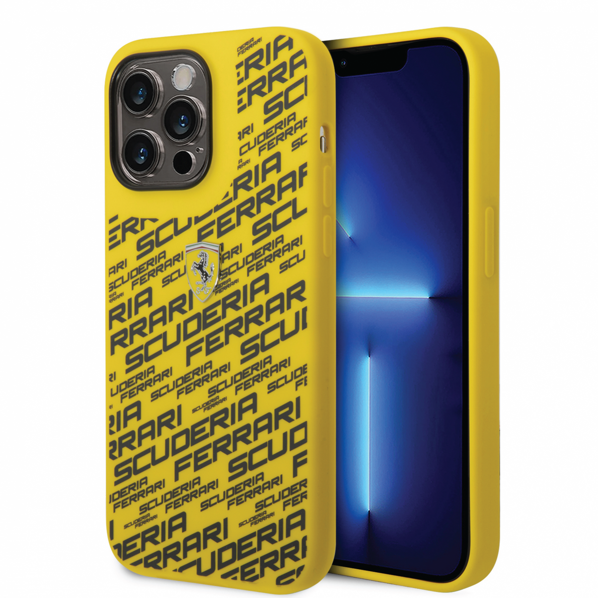 Ferrari Liquid Silicone Case All Over Printed Scuderia with Yellow Shield Logo Compatible for iPhone 14 Pro, 14 Pro Max (Black/Red/Yellow)