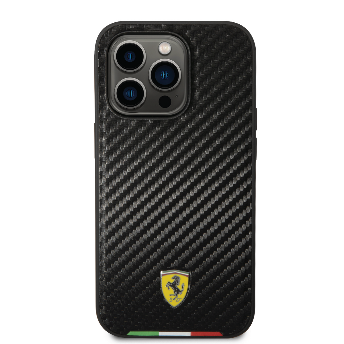 Ferrari Mag-safe PU Carbon Italy Flag Line Hard Case with Yellow Shield Logo Compatible for iPhone 14 Pro, 14 Pro Max (Black)