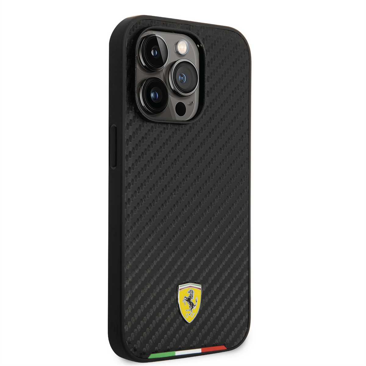 Ferrari Mag-safe PU Carbon Italy Flag Line Hard Case with Yellow Shield Logo Compatible for iPhone 14 Pro, 14 Pro Max (Black)