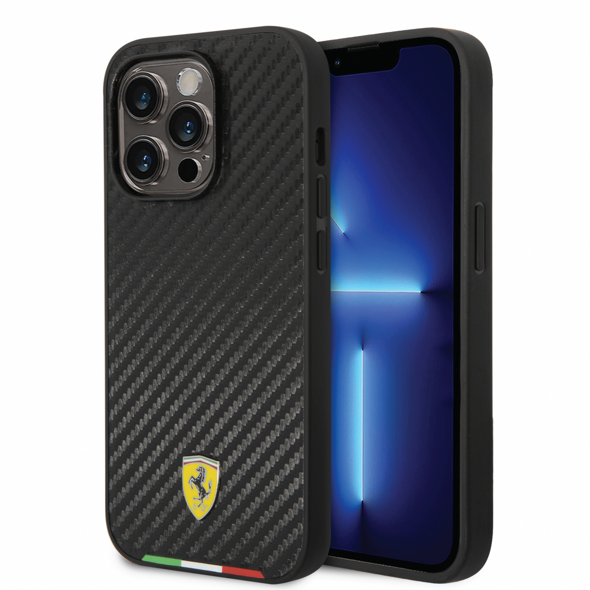 Ferrari Mag-safe PU Carbon Italy Flag Line Hard Case with Yellow Shield Logo Compatible for iPhone 14 Pro, 14 Pro Max (Black)