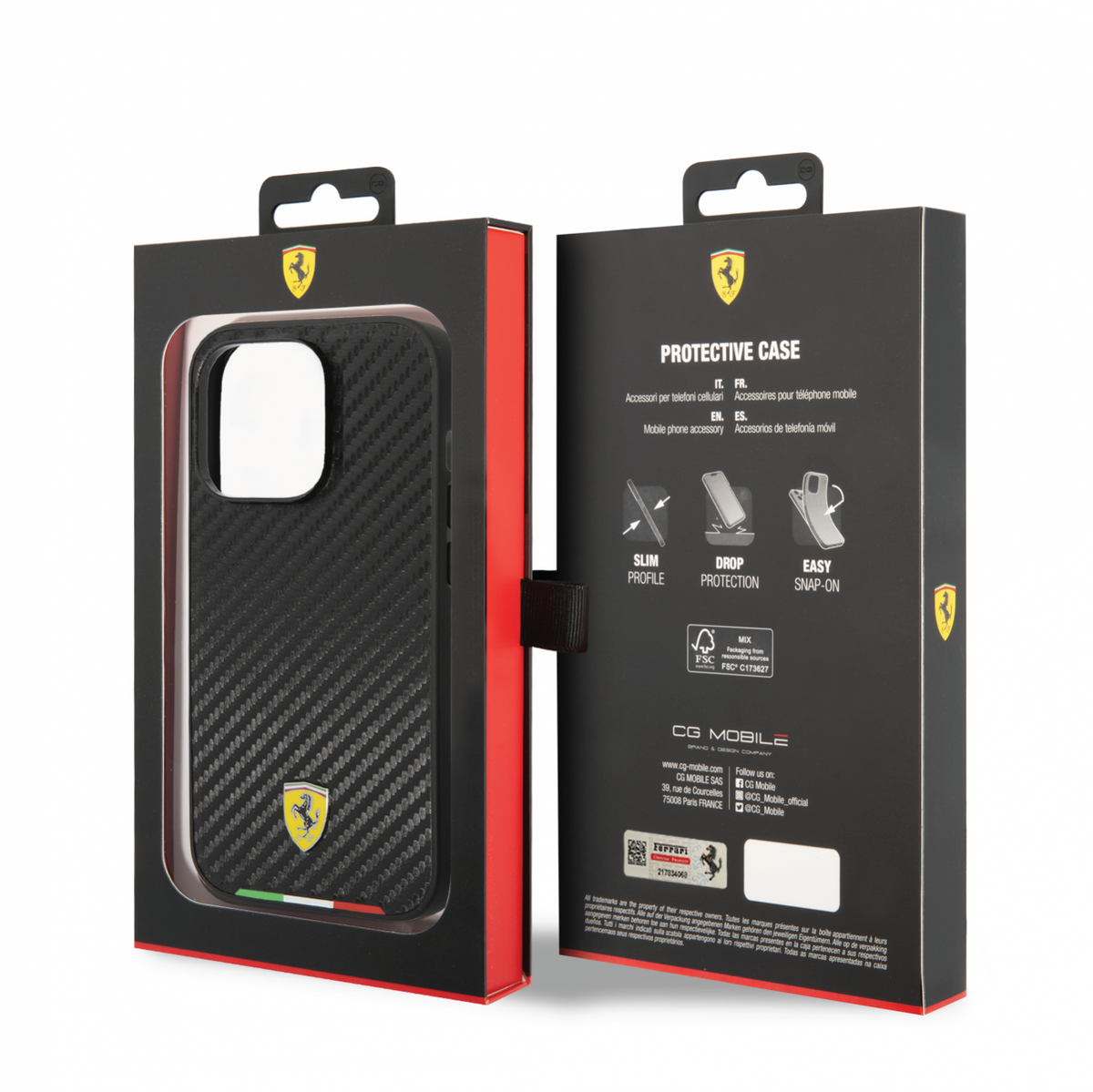 Ferrari Mag-safe PU Carbon Italy Flag Line Hard Case with Yellow Shield Logo Compatible for iPhone 14 Pro, 14 Pro Max (Black)