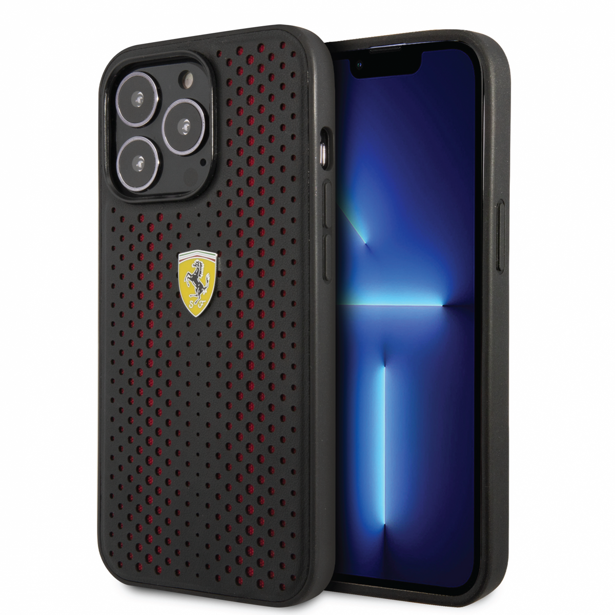 Ferrari PU Leather Perforated Case With Nylon Base & Yellow Shield Logo Compatible for iPhone 14, 14 Plus, 14 Pro, 14 Pro Max (Red/Yellow)