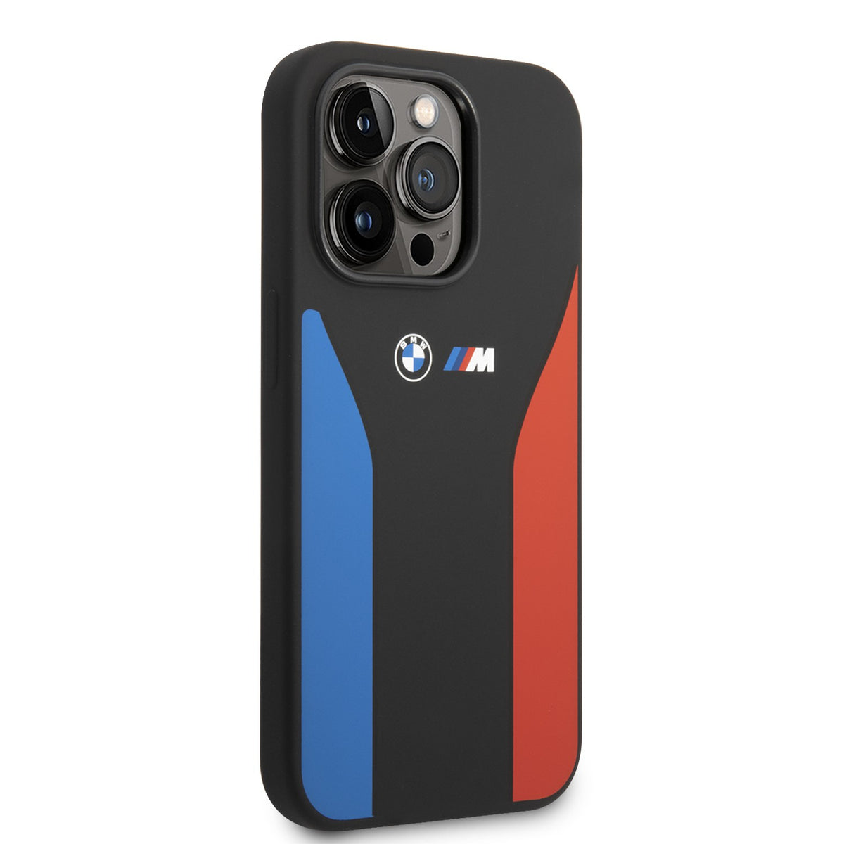 BMW M Collection Liquid Silicone Case With Tricolor Print & Logo For iPhone 14 Pro, 14 Pro Max - Black