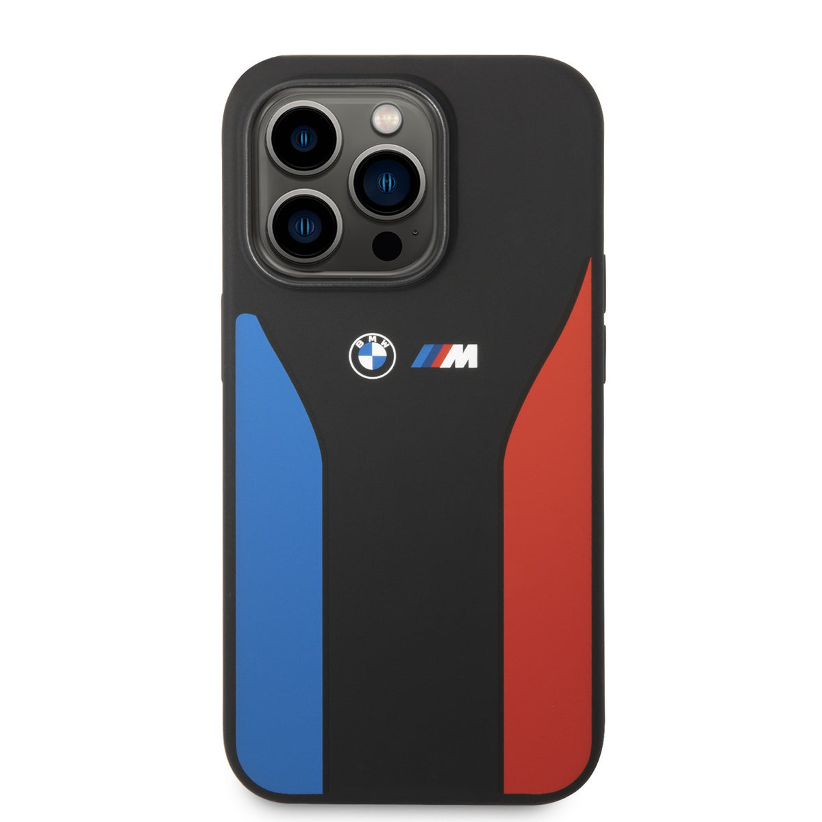 BMW M Collection Liquid Silicone Case With Tricolor Print & Logo For iPhone 14 Pro, 14 Pro Max - Black