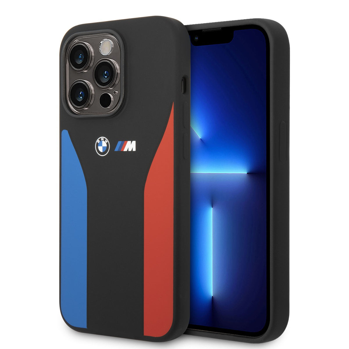 BMW M Collection Liquid Silicone Case With Tricolor Print & Logo For iPhone 14 Pro, 14 Pro Max - Black