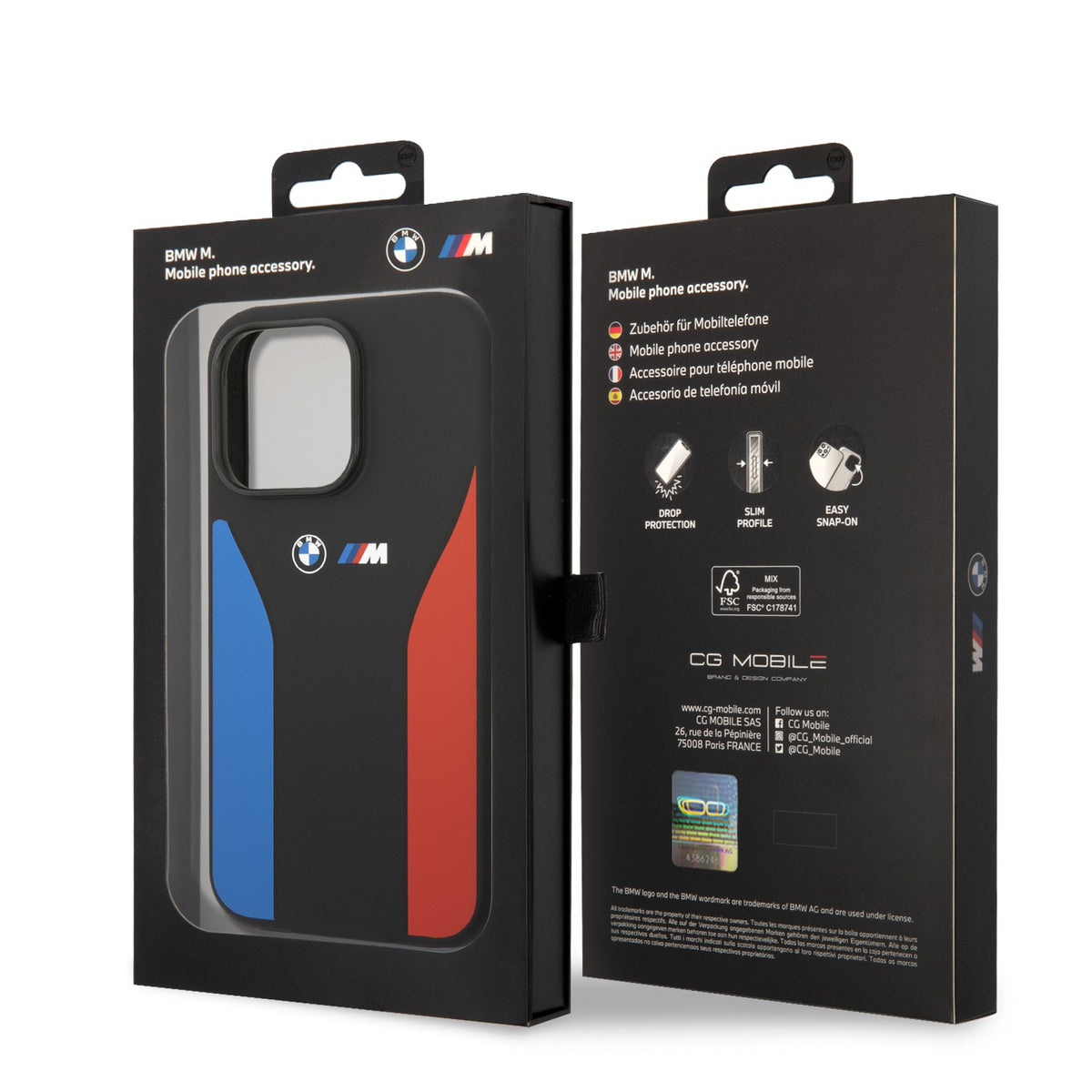 BMW M Collection Liquid Silicone Case With Tricolor Print & Logo For iPhone 14 Pro, 14 Pro Max - Black