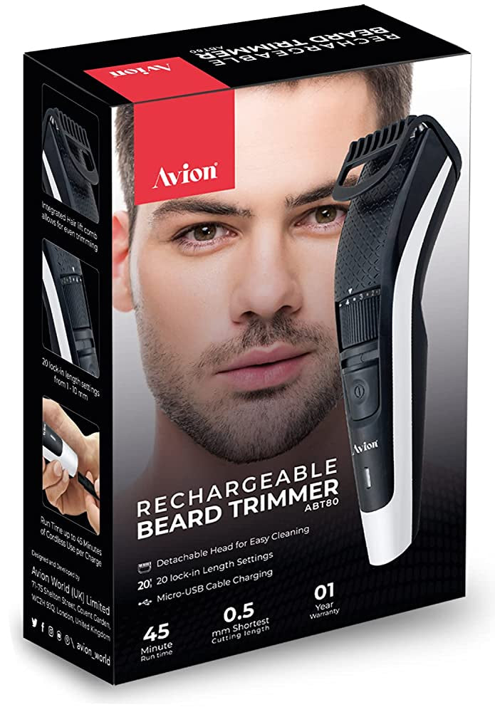 Avion Rechargeable Beard Trimmer for Men ABT80 | 20 Lock- in Length Settings | Cordless Electric Trimmer| Micro USB Charging | Up to 45 Minutes Use