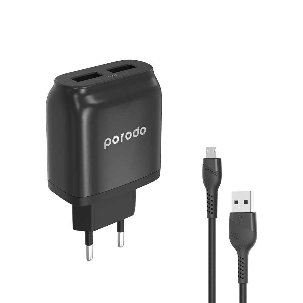 Porodo Dual Port Auto-ID 2.4A EU Wall ChargerIncludes Micro USB Cable