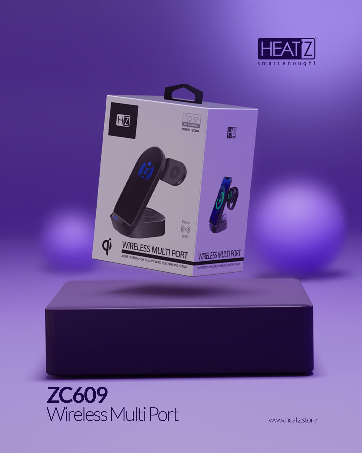 Heatz Wireless Multiport high quality charging stand - 3 In 1 compatible devices.