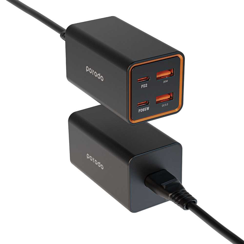 Porodo 65W GaN 4 Ports Desktop Charger Dual USB-C & USB-A Quick Charge