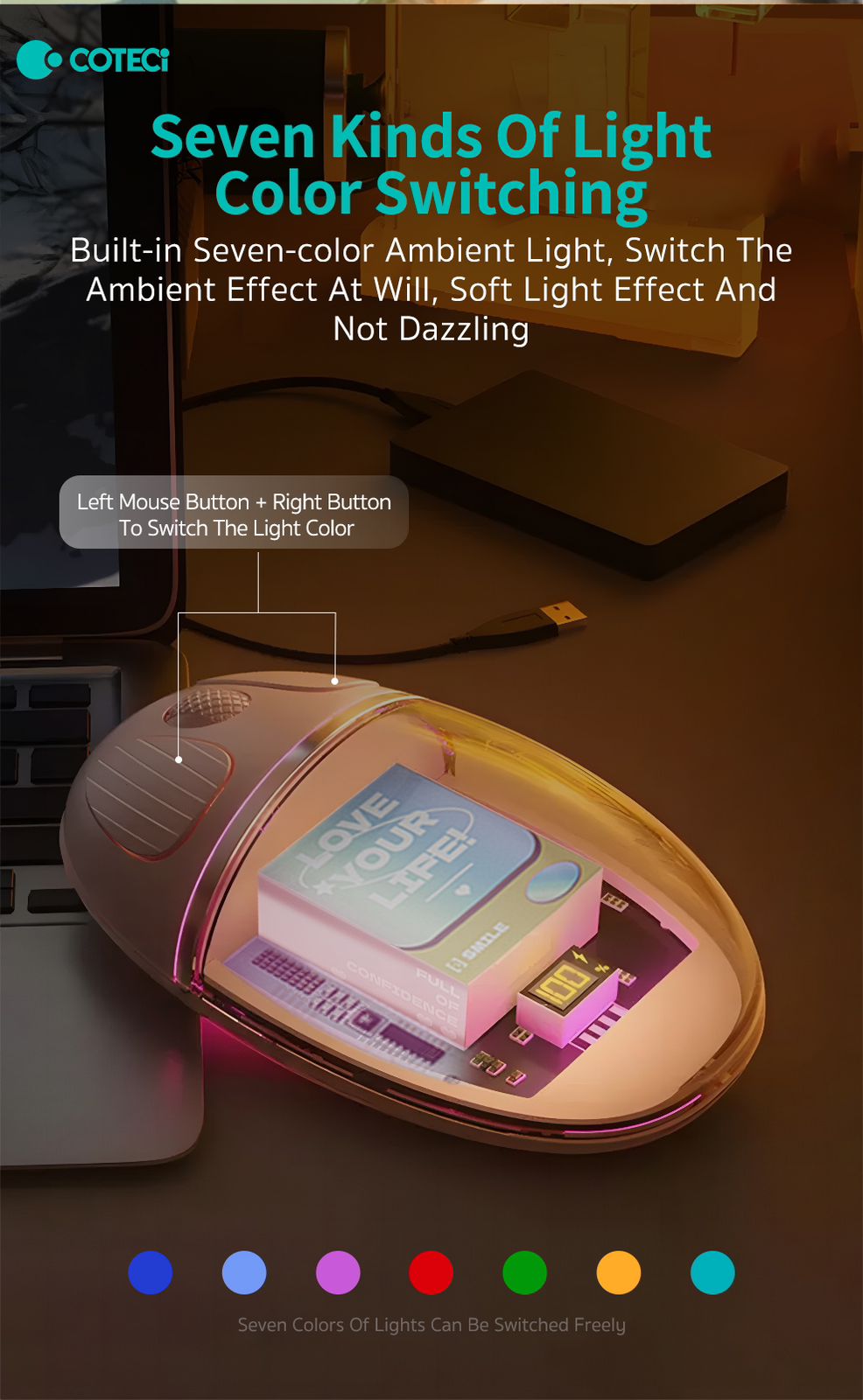 Coteci Magic Crystal Mouse Transparent Texture Dual-mode Mouse, Silent And Not Disturbing, Smart Percussion - Violet (84011-PE)