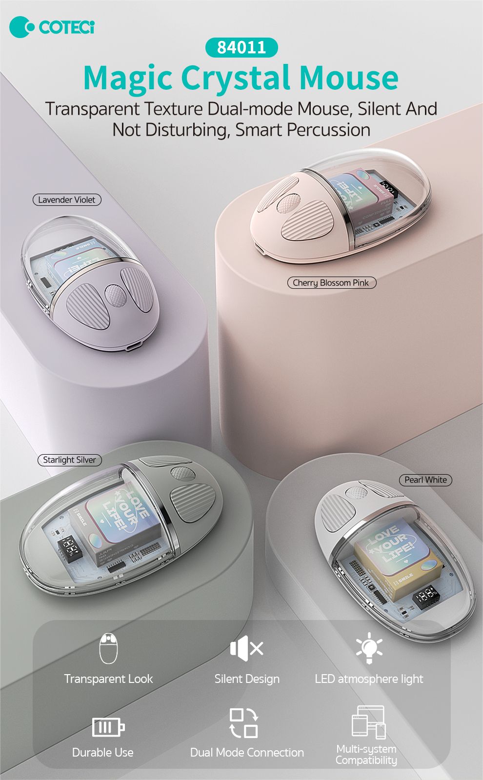 Coteci Magic Crystal Mouse Transparent Texture Dual-mode Mouse, Silent And Not Disturbing, Smart Percussion - Violet (84011-PE)
