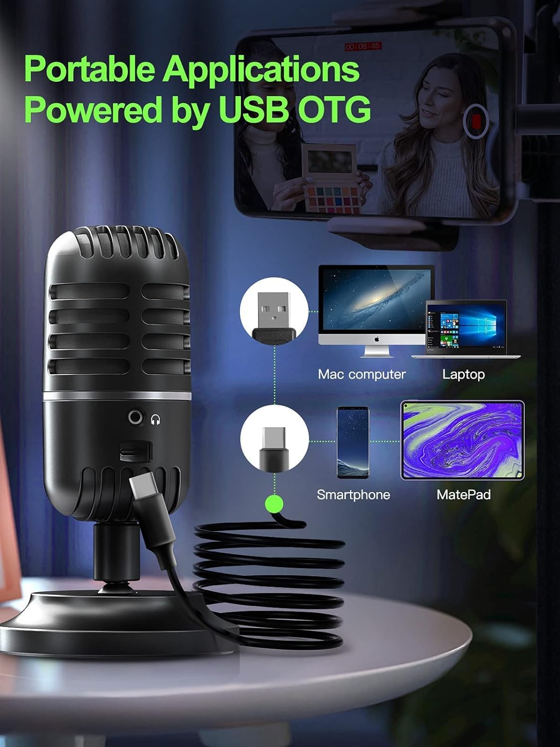 Porodo Gaming Basic Cardioid Microphone with Fixed Stand, PC Microphones for Steaming Podcast Mic Recording Gaming Zoom Meeting YouTube ASMR Online Conference Course, USB-Podcast-Streaming-Computer-Microphone - Black