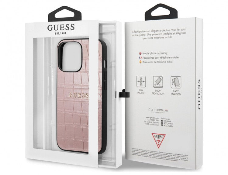 Guess iPhone 13 Leather Case Croco Design Hot Stamped Lines And Metal Logo