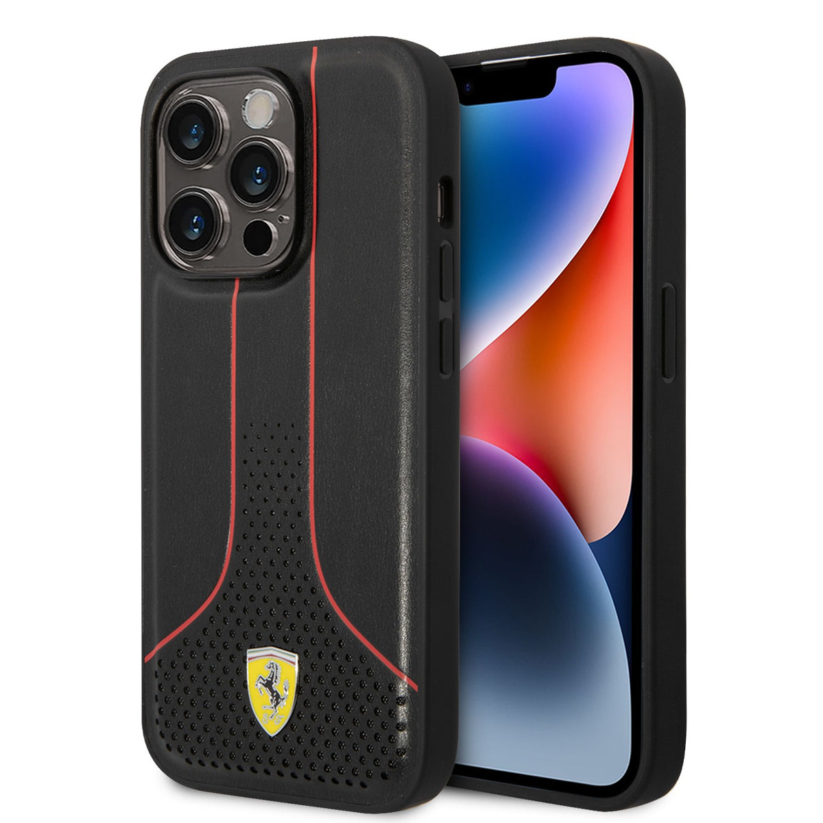 Ferrari PU Leather Smooth And Perforated Case with Yellow Metal Logo Compatible for iPhone 14 Pro, 14 Pro Max (Black/Red)