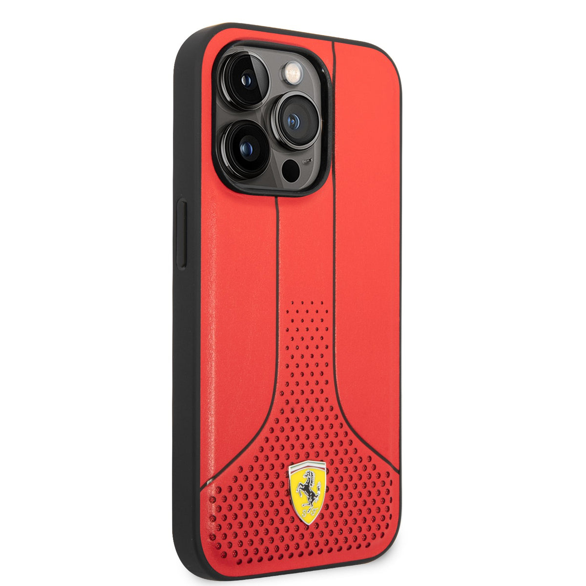 Ferrari PU Leather Smooth And Perforated Case with Yellow Metal Logo Compatible for iPhone 14 Pro, 14 Pro Max (Black/Red)