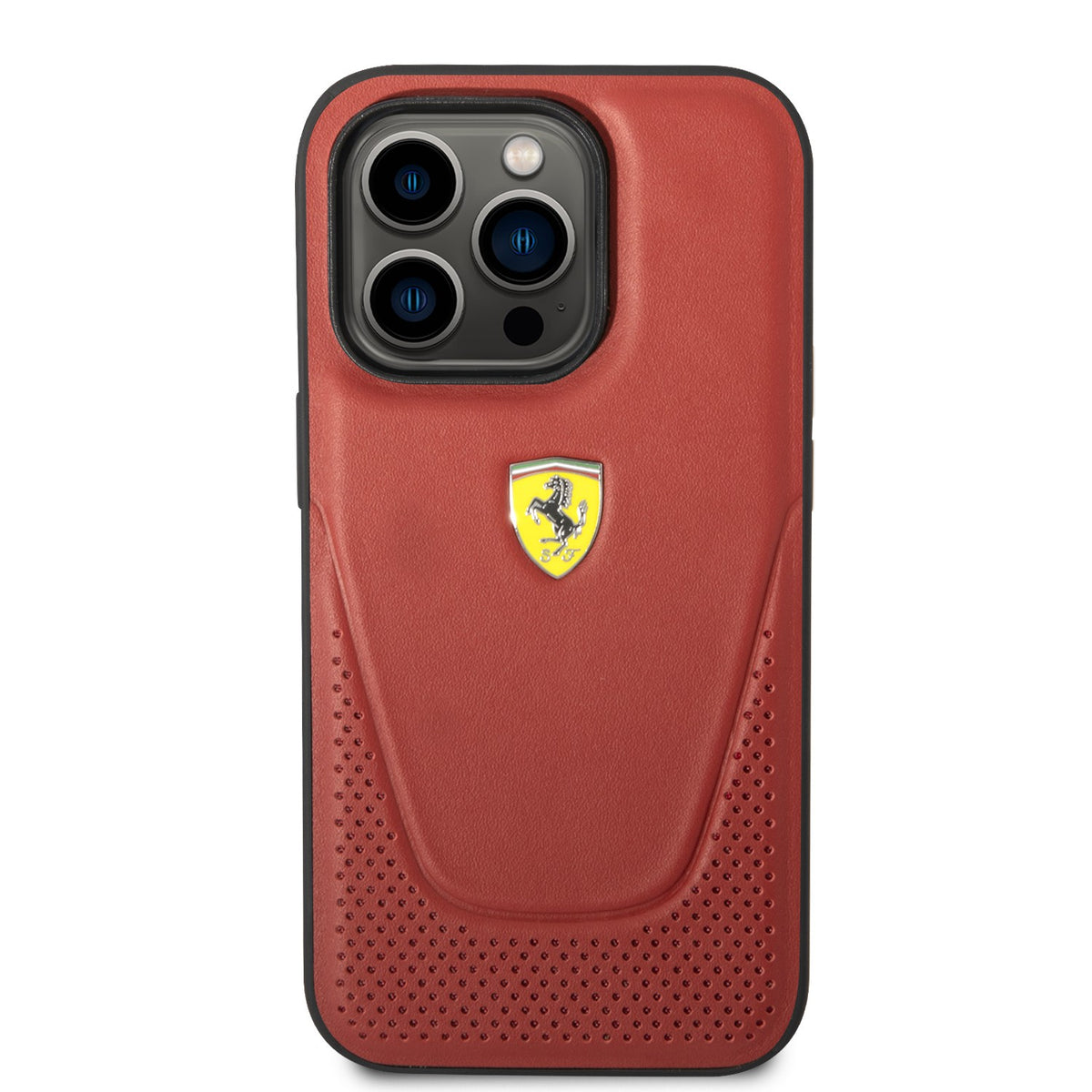 Ferrari Magsafe Leather Stitched Red Line Hard Case with Yellow Metal Logo Compatible for iPhone 14 Pro, 14 Pro Max (Black/Red)