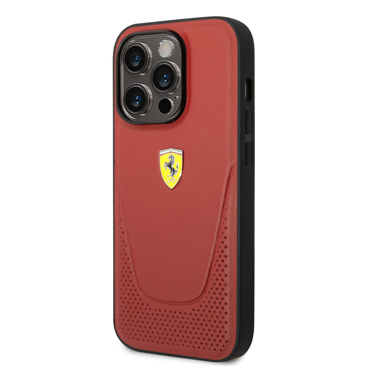 Ferrari Magsafe Leather Stitched Red Line Hard Case with Yellow Metal Logo Compatible for iPhone 14 Pro, 14 Pro Max (Black/Red)