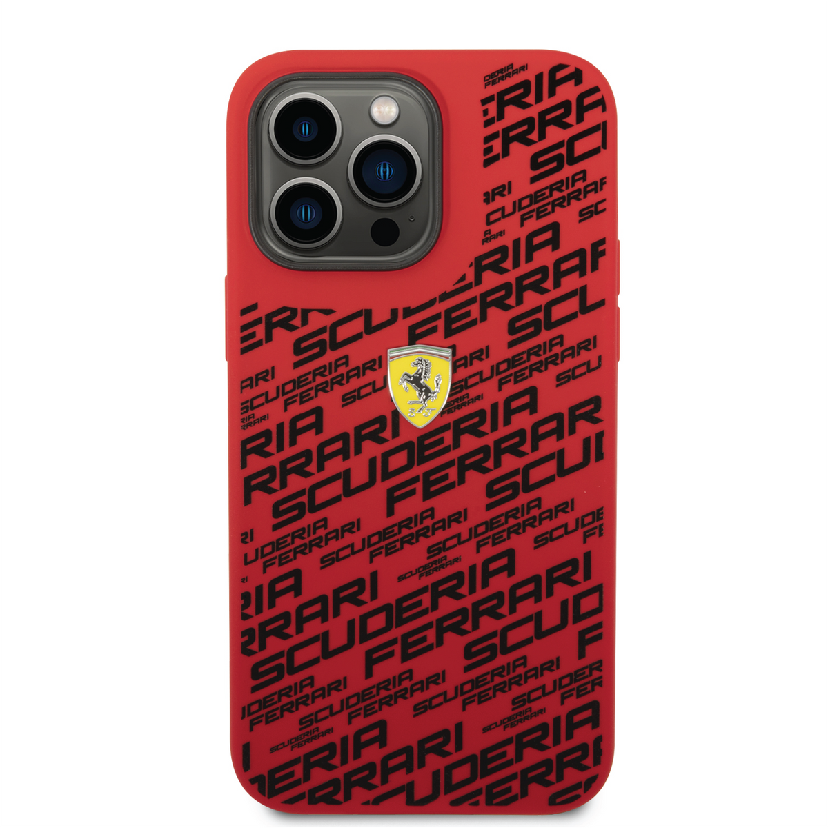 Ferrari Liquid Silicone Case All Over Printed Scuderia with Yellow Shield Logo Compatible for iPhone 14 Pro, 14 Pro Max (Black/Red/Yellow)