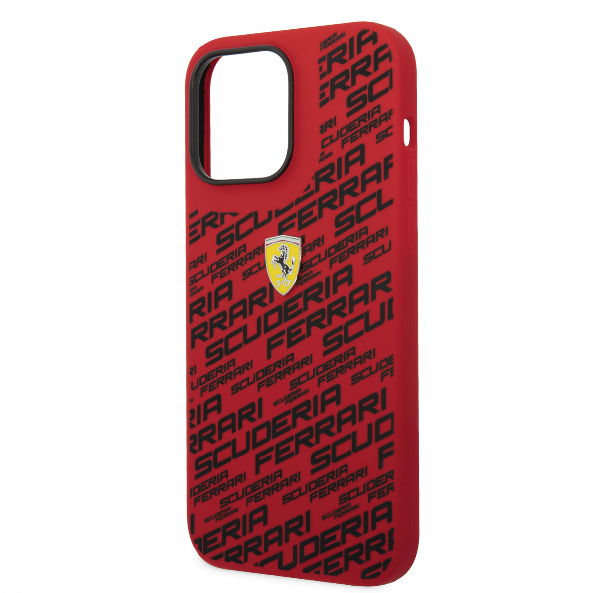 Ferrari Liquid Silicone Case All Over Printed Scuderia with Yellow Shield Logo Compatible for iPhone 14 Pro, 14 Pro Max (Black/Red/Yellow)