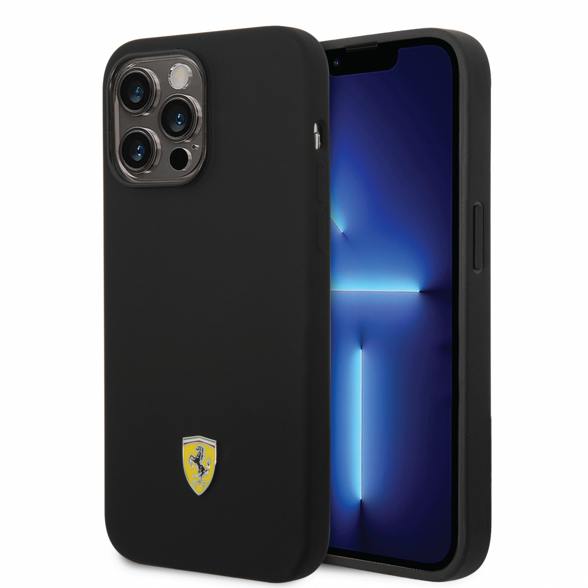 Ferrari Liquid Silicone Plain Case with Yellow Metal Logo Compatible for iPhone 14 Pro, 14 Pro Max (Black/Red)