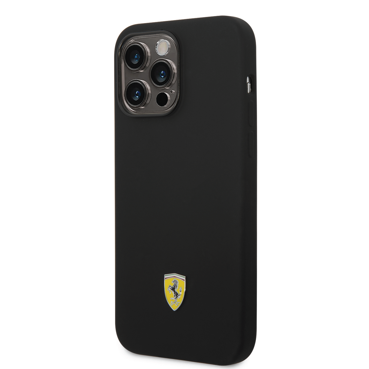 Ferrari Liquid Silicone Plain Case with Yellow Metal Logo Compatible for iPhone 14 Pro, 14 Pro Max (Black/Red)