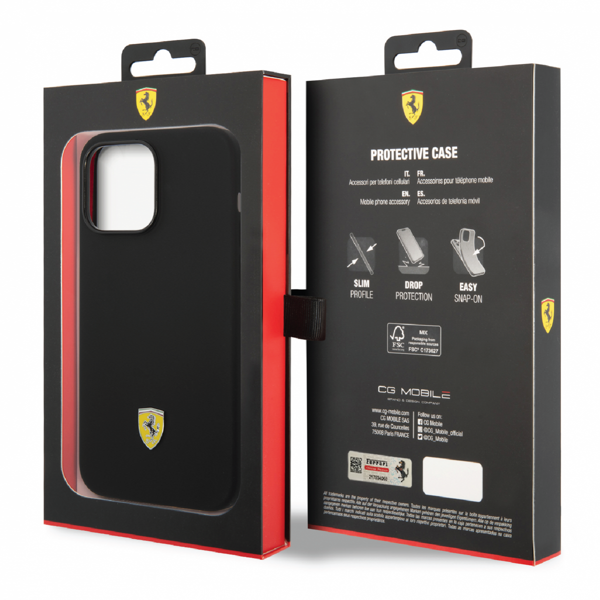 Ferrari Liquid Silicone Plain Case with Yellow Metal Logo Compatible for iPhone 14 Pro, 14 Pro Max (Black/Red)