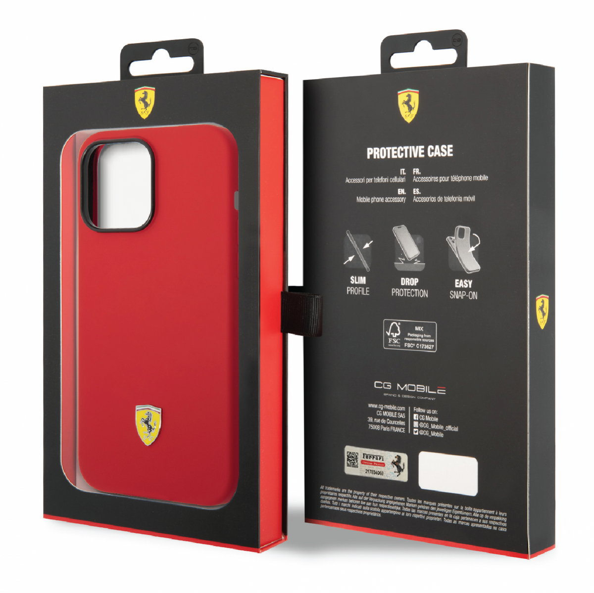 Ferrari Liquid Silicone Plain Case with Yellow Metal Logo Compatible for iPhone 14 Pro, 14 Pro Max (Black/Red)