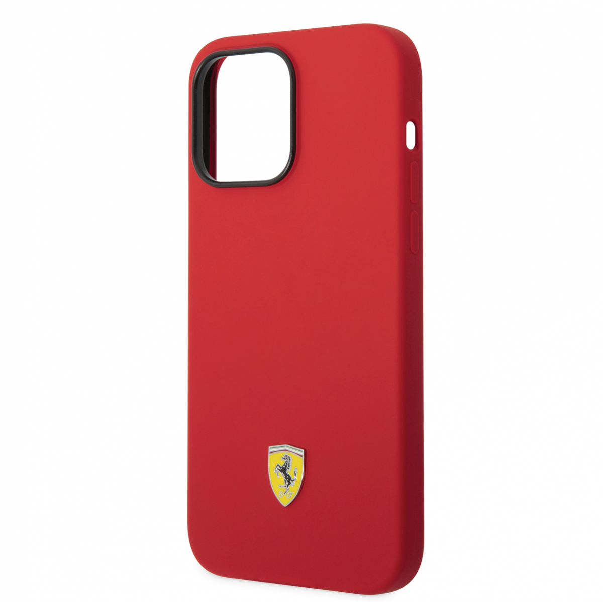 Ferrari Liquid Silicone Plain Case with Yellow Metal Logo Compatible for iPhone 14 Pro, 14 Pro Max (Black/Red)