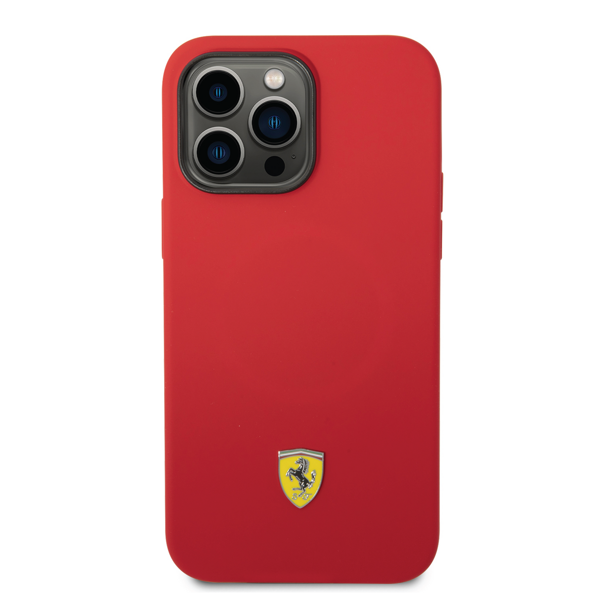 Ferrari Liquid Silicone Plain Case with Yellow Metal Logo Compatible for iPhone 14 Pro, 14 Pro Max (Black/Red)