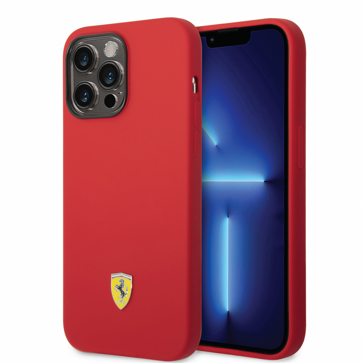 Ferrari Liquid Silicone Plain Case with Yellow Metal Logo Compatible for iPhone 14 Pro, 14 Pro Max (Black/Red)