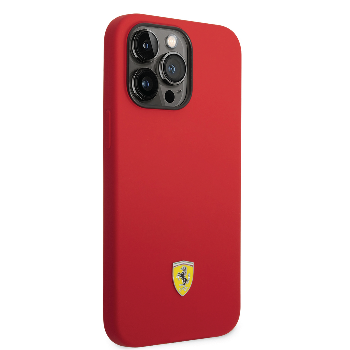 Ferrari Liquid Silicone Plain Case with Yellow Metal Logo Compatible for iPhone 14 Pro, 14 Pro Max (Black/Red)