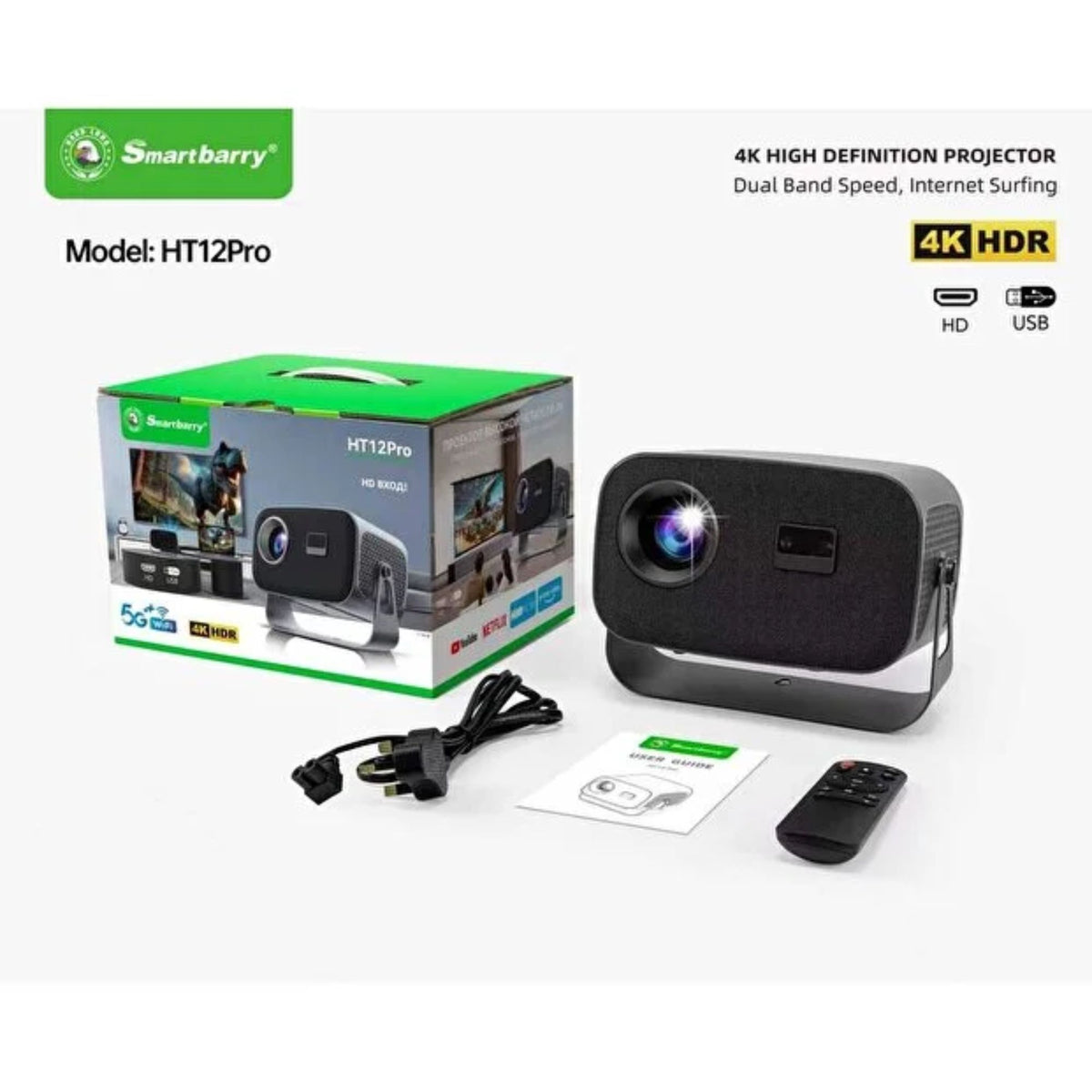 SmartBarry HT12 Pro 4K Smart Projector 5G WiFi Bluetooth HD Home Cinema Portable Projector