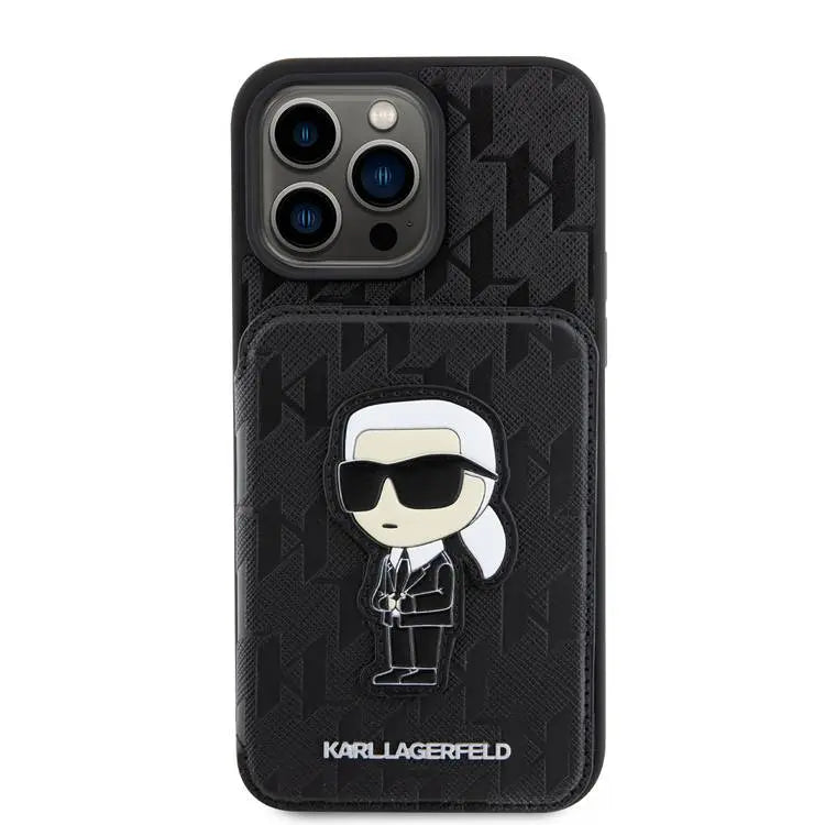 Apple iPhone 15 Pro & 15 Pro Max Karl Lagerfeld HC Saffiano Cardslots And Stand Monogram Ikonik Patch in Black Color