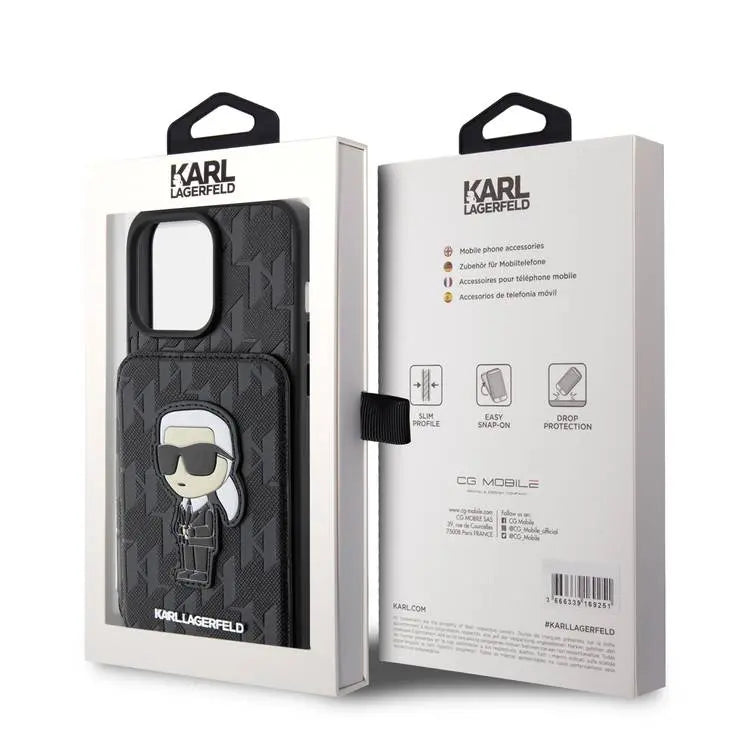 Apple iPhone 15 Pro & 15 Pro Max Karl Lagerfeld HC Saffiano Cardslots And Stand Monogram Ikonik Patch in Black Color