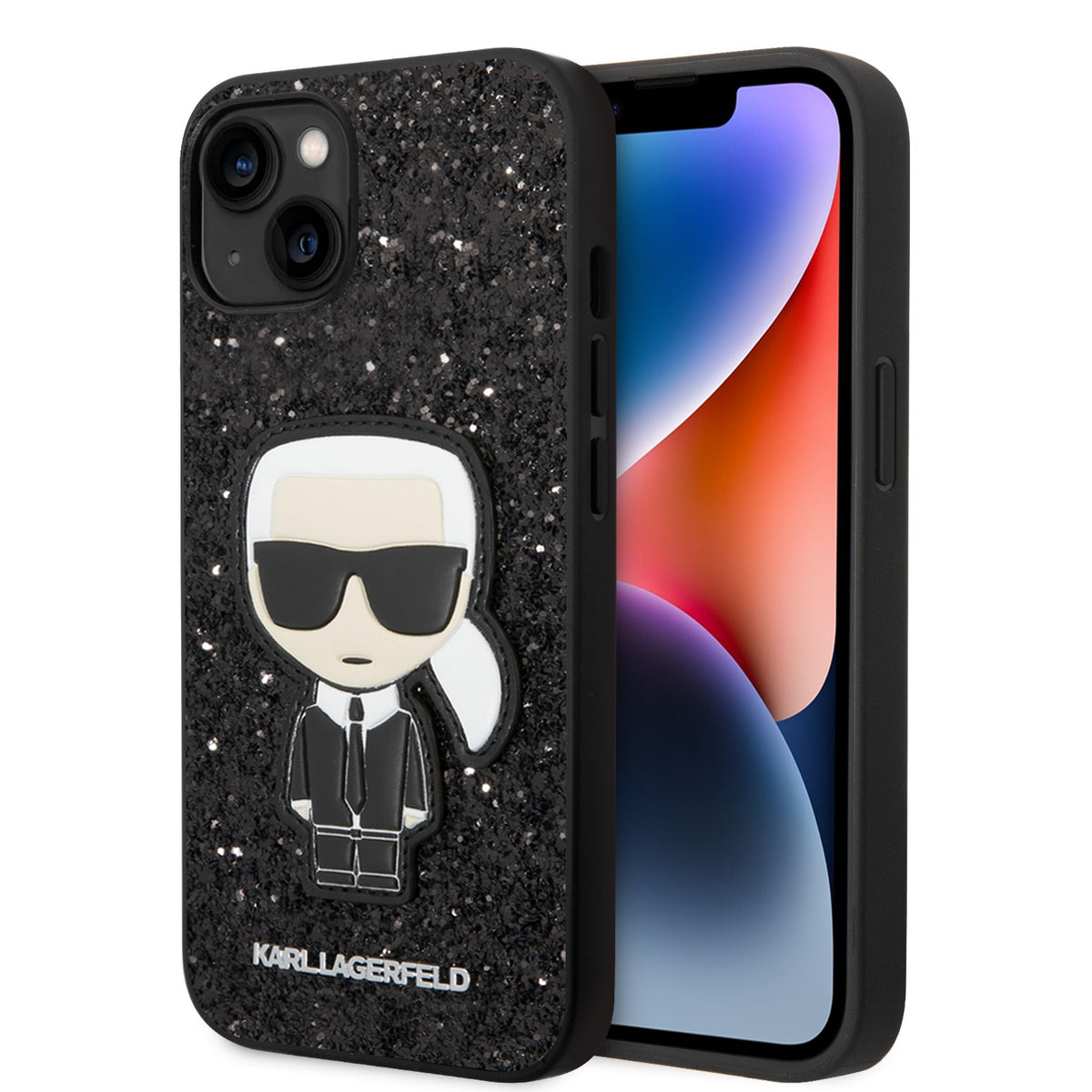 Apple iPhone 14 and 14 Plus Karl Lagerfeld Glitter Flakes Case With Ikonik Patch in Black & Silver colors