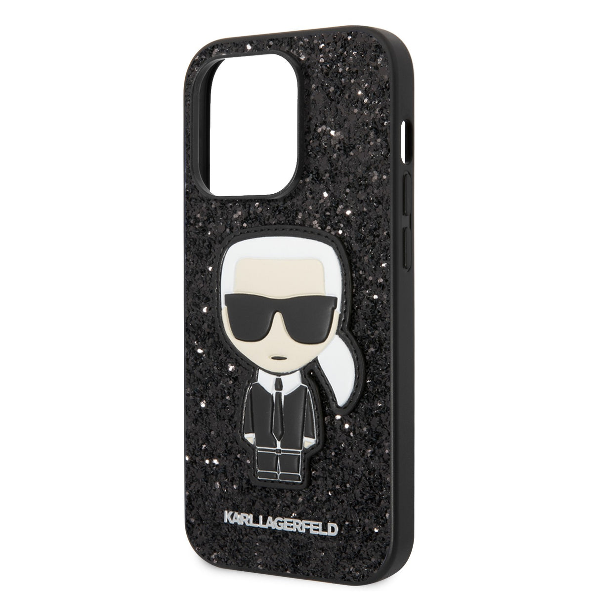 Apple iPhone 14 Pro, 14 Pro Max Karl Lagerfeld Glitter Flakes Case With Ikonik Patch in Black & Silver colors