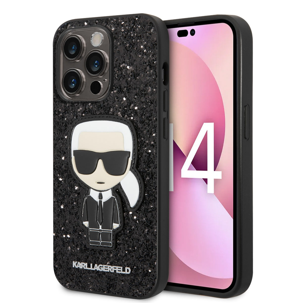 Apple iPhone 14 Pro & 14 Pro Max Karl Lagerfeld Glitter Flakes Case With Ikonik PatchCase in Black & Silver colors