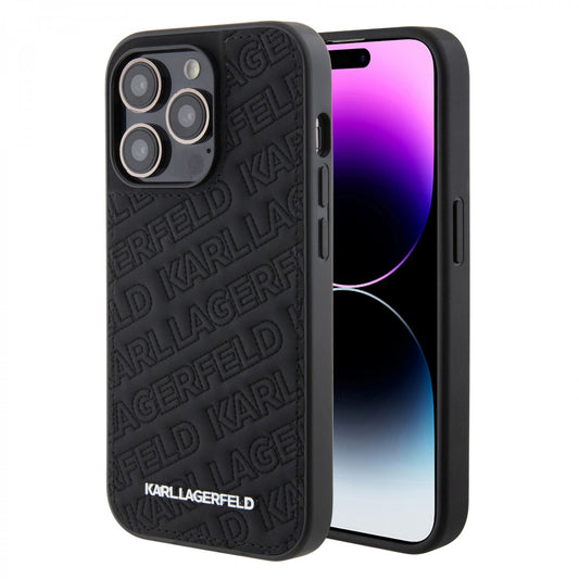 Karl Lagerfeld Quilted Karl Pattern Hard Case for iPhone 15 Pro & 15 Pro Max in Black and Pink Color