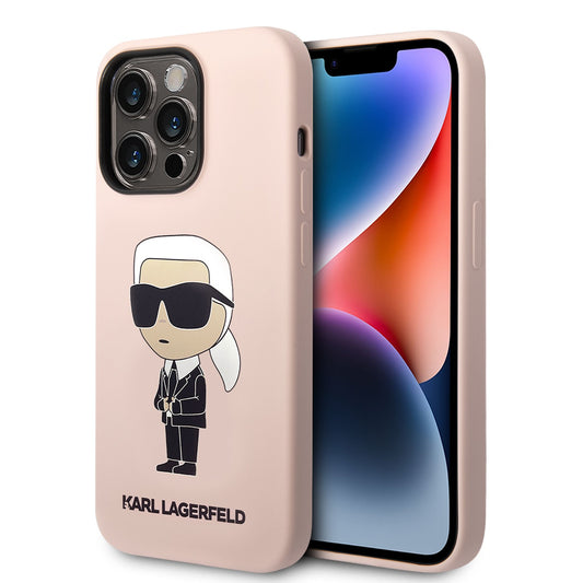 Apple iPhone 15 Pro & 15 Pro Max Karl Lagerfeld Silicone Hard Case With Ikonik NFT Logo in Black & Pink Color