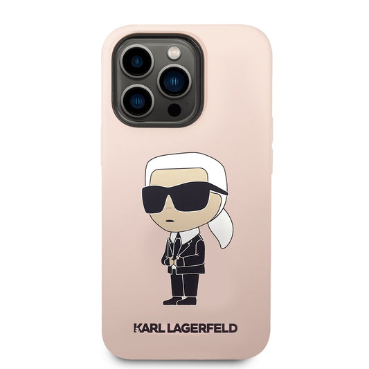 Apple iPhone 15 Pro & 15 Pro Max Karl Lagerfeld Silicone Hard Case With Ikonik NFT Logo in Black & Pink Color