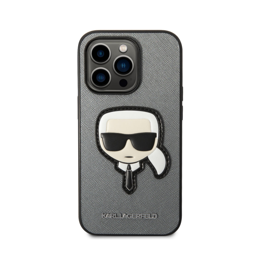 Apple iPhone 14 Pro & 14 Pro Max Karl Lagerfeld Saffiano Karl`s Head Patch Hard Case in Black & Silver colors