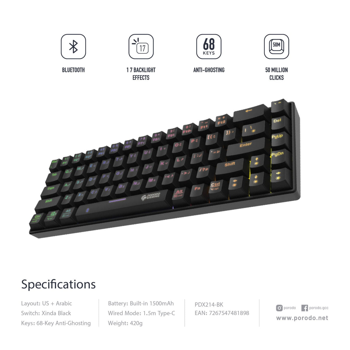 Porodo Gaming Mechanical Keyboard with Wired and Bluetooth Dual Version