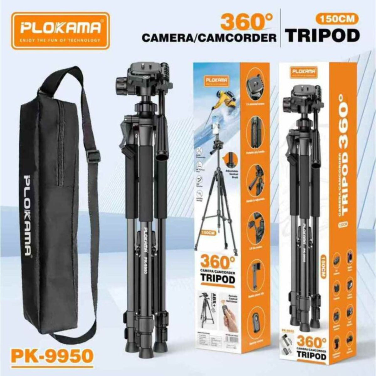 Plokama PK-9950 Camera & Mobile Tripod 150cm with Remote Control | 360° Adjustable Professional Stand